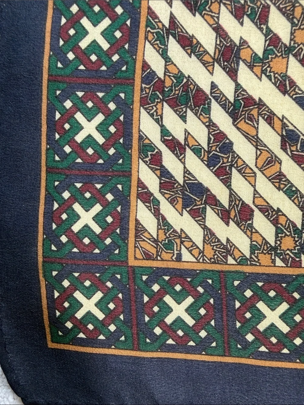 Oscar de la Renta OscarII square silk scarf navy blue, green, red, gold, & ivory